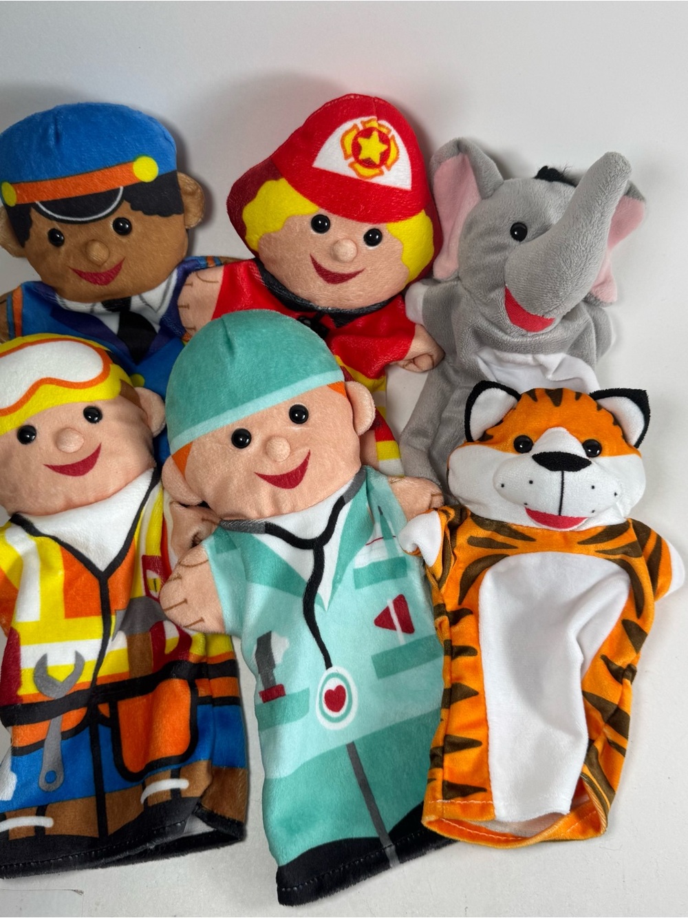 Melissa And Doug Plush Hand Puppet Lot Tiger Elephant Doctor Fire Police Worker